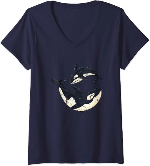 Womens Happy Orcas Whale Sea Ocean Animal Cute Orca Lover V-Neck T-Shirt