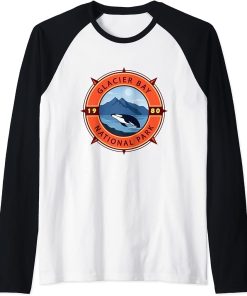 Glacier Bay National Park Orca Retro Compass Emblem Raglan Baseball Tee