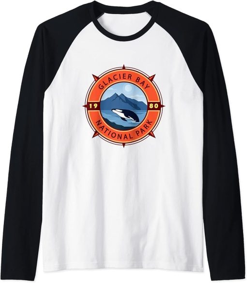 Glacier Bay National Park Orca Retro Compass Emblem Raglan Baseball Tee