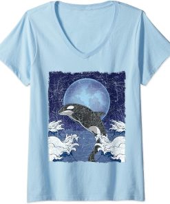 Womens Full Moon Killer Whale Ocean Animal Waves Moonlight Orca V-Neck T-Shirt