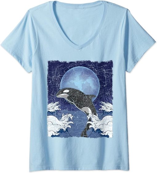 Womens Full Moon Killer Whale Ocean Animal Waves Moonlight Orca V-Neck T-Shirt